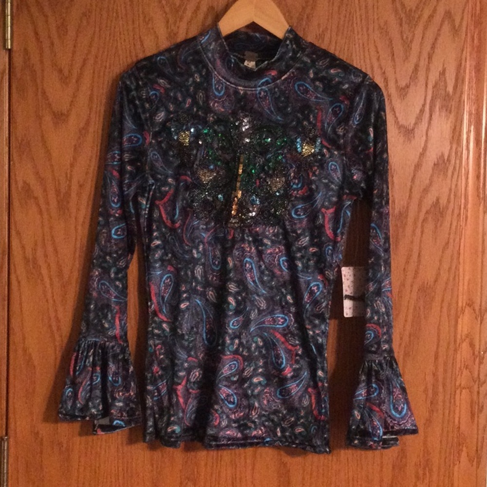 free people Sequined Paisley Velvet Look Mock Neck W/Frilly Sleeves​